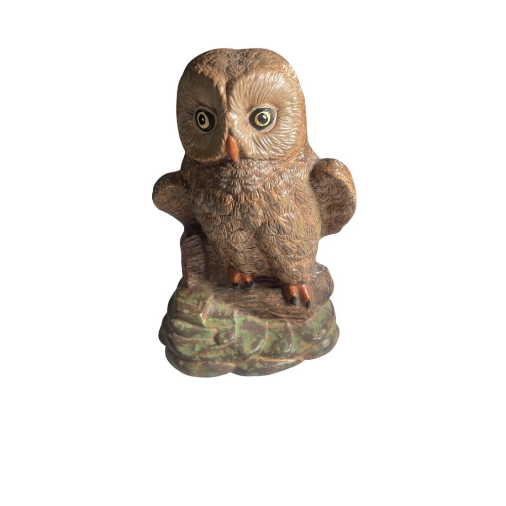 Ceramic Owl Figurine Brown Textured Perched‎ on Rock Woodland Decor